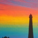 Painting of a silhouette of a lighthouse against a bright rainbow sunrise