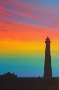 Painting of a silhouette of a lighthouse against a bright rainbow sunrise